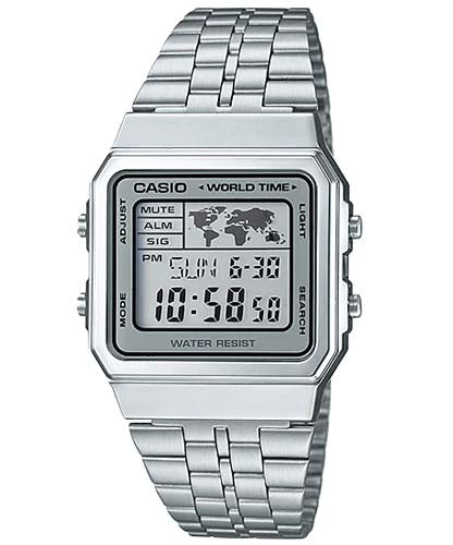 Casio Men's Watch Vintage Collection Digital, Silver Dial Silver Stainless Steel Strap, A500WA-7DF