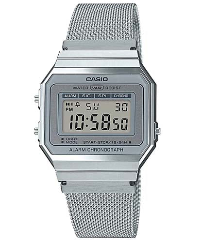 Casio Men's Watch Vintage Collection Digital, Silver Dial Silver Stainless Steel Strap, A700WM-7ADF