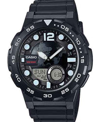 Casio Men's Watch Analog & Digital Combo, Black Dial Black Resin Strap, AEQ-100W-1AVDF