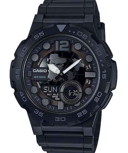 Casio Men's Watch Analog & Digital Combo, Black Dial Black Resin Strap, AEQ-100W-1BVDF