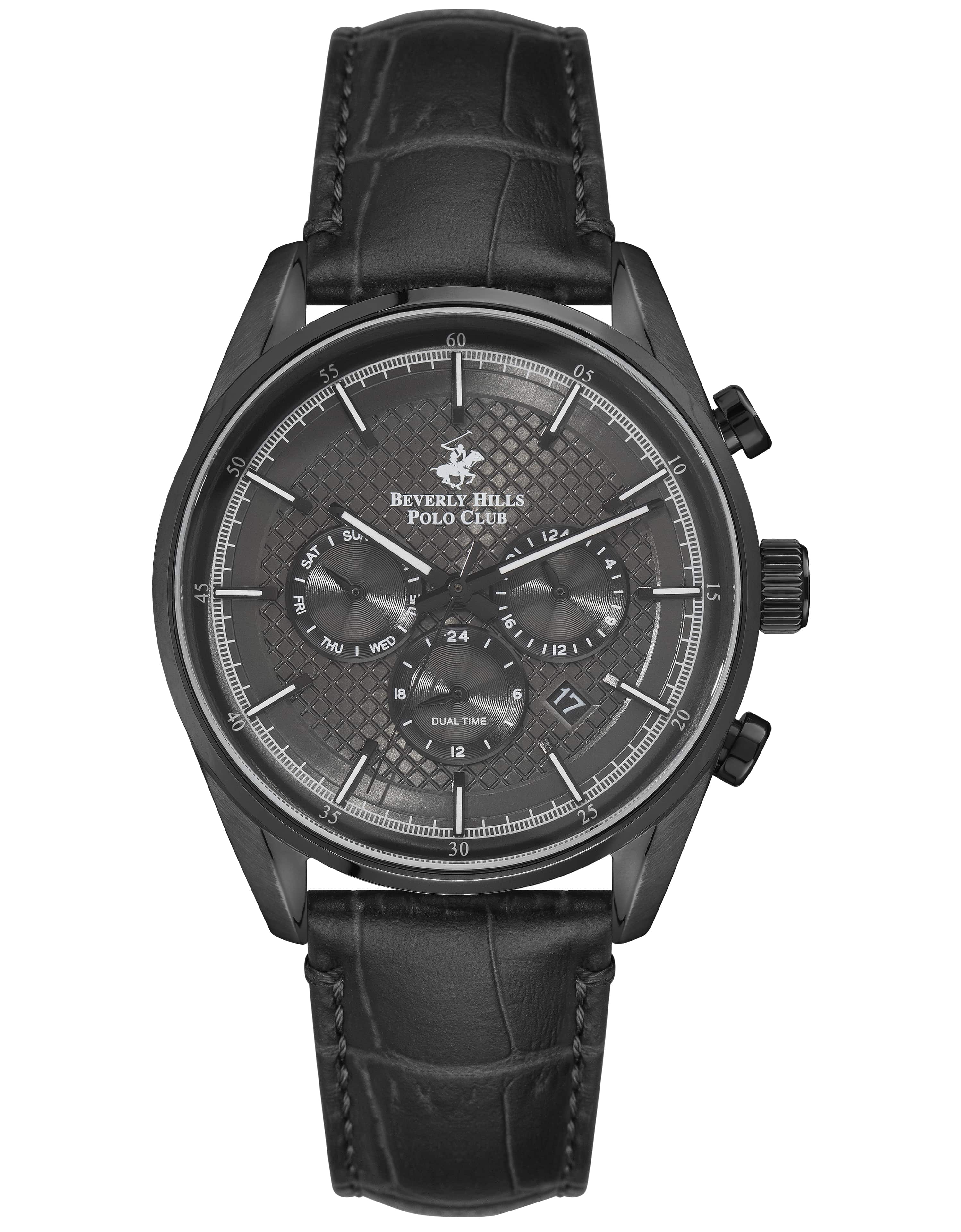 Beverly Hills Polo Club  Men's Analog Watch, Charcoal Grey Dial Multi-Function 3 Hands Black Leather Strap, BP3004X.661