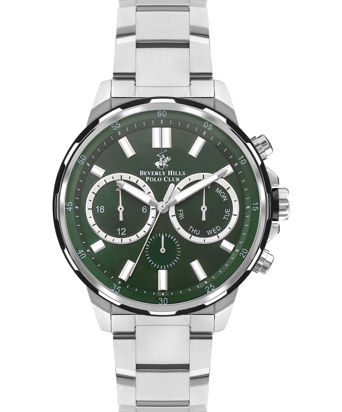 Beverly Hills Polo Club  Men's watch,Green Dial,  Silver Stainless Steel Strap, Wrist Watch,BP3403X.370