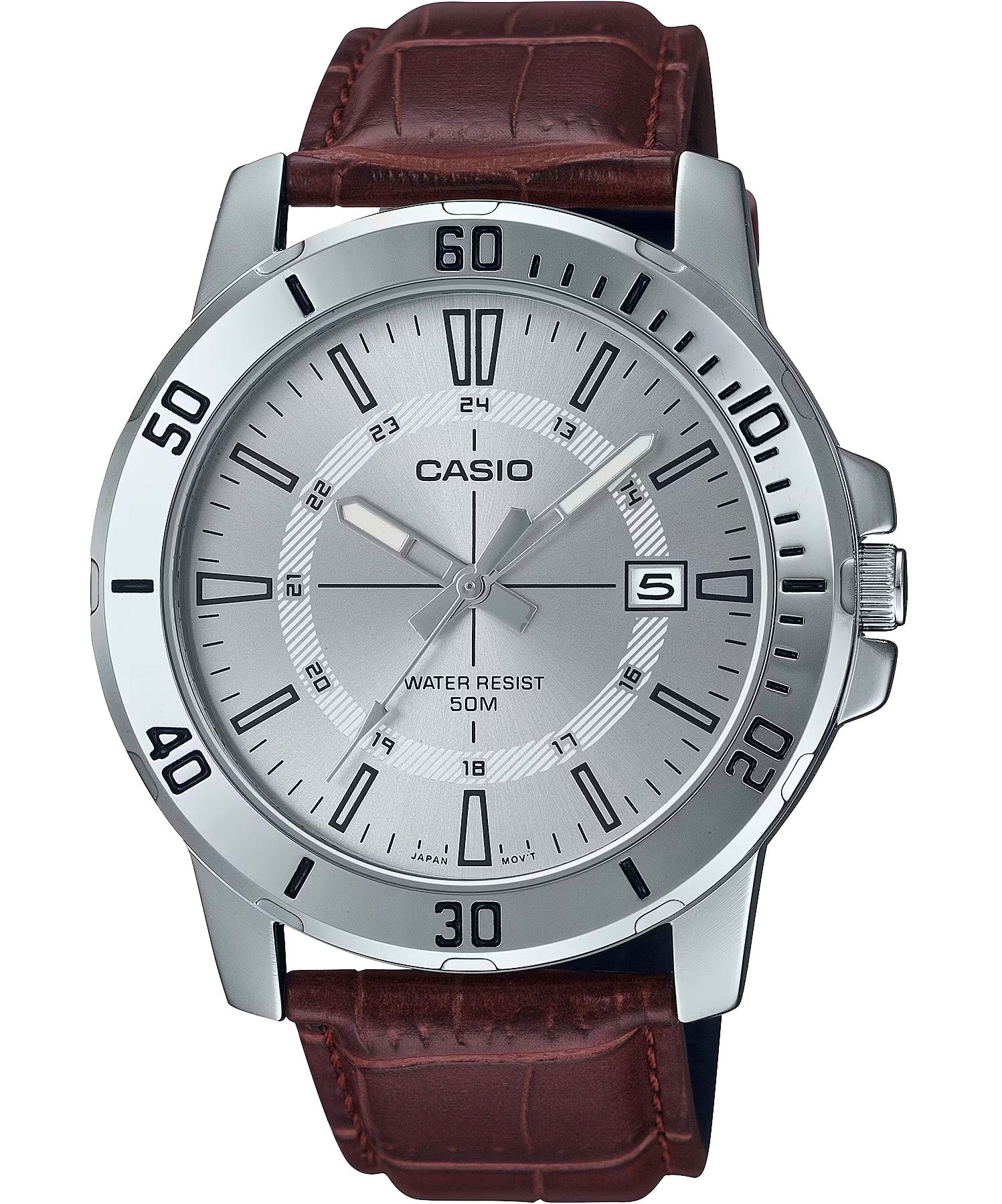 Casio Men's Watch, Silver Dial Brown Leather Strap, MTP-VD01L-7CVUDF