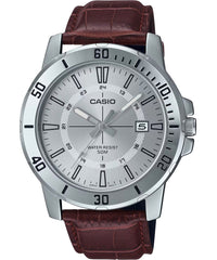 Casio Men's Watch, Silver Dial Brown Leather Strap, MTP-VD01L-7CVUDF