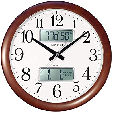 Rhythm Wall Clock, LCD Thermometer, Hygrometer & Calendar Wooden Case Clock, CFG901NR06