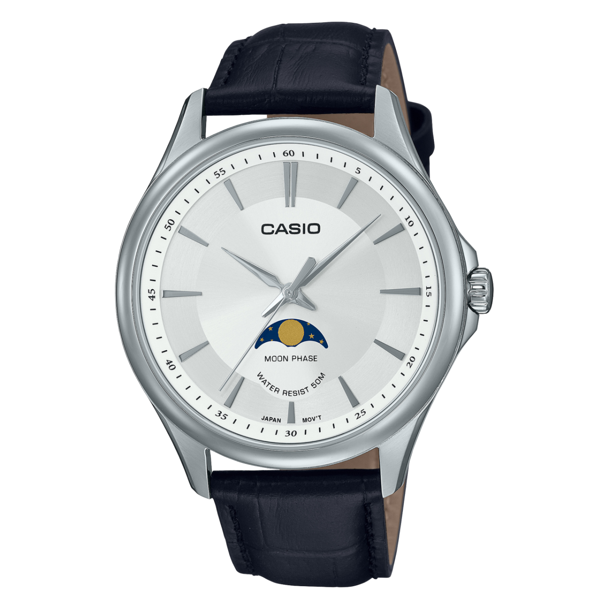 Casio Men's Watch, Moon Phase Executive Silver Dial, Black Leather Strap, MTP-M100L-7AVDF