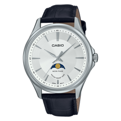 Casio Men's Watch, Moon Phase Executive Silver Dial, Black Leather Strap, MTP-M100L-7AVDF