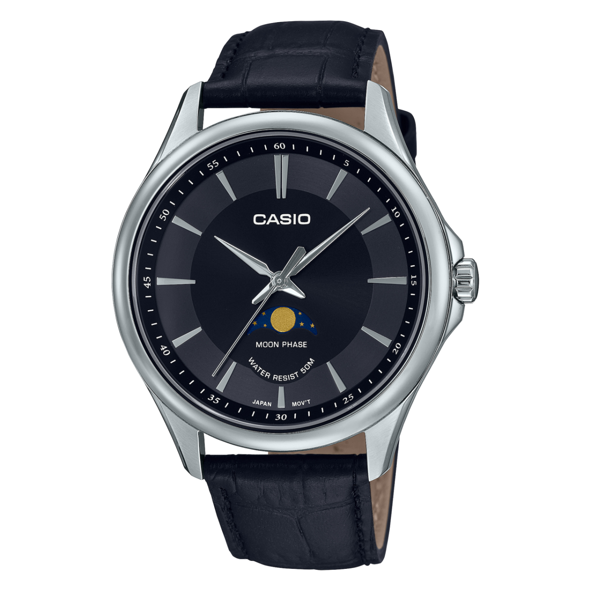 Casio Men's Watch, Moon Phase Executive Black Dial, Black Leather Strap, MTP-M100L-1AVDF