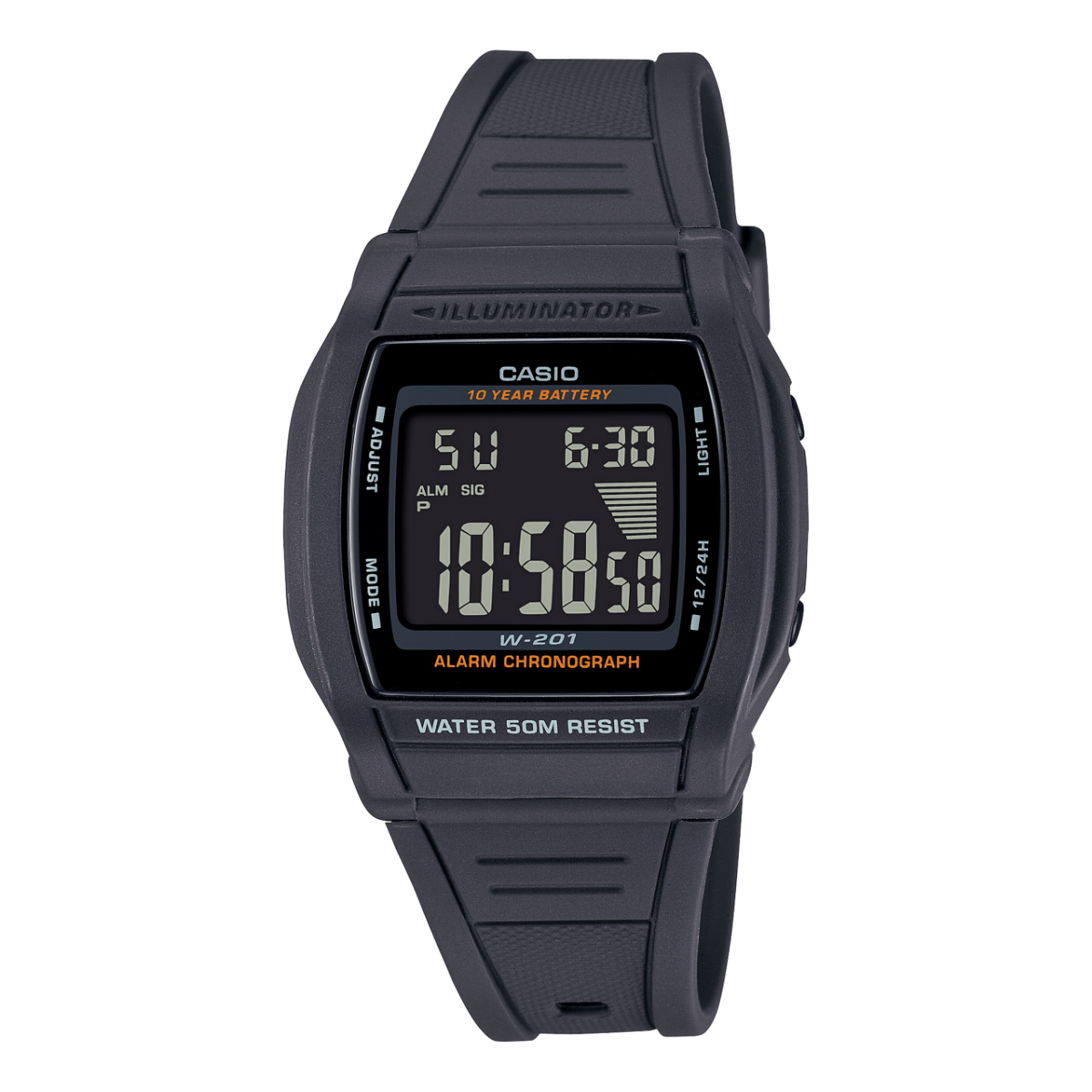 Casio Men's Watch Digital, Black Dial Black Resin Strap, W-201-1BVDF