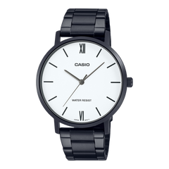 Casio Men's Watch Analog, White Dial Black Stainless Steel Strap, MTP-VT01B-7BUDF