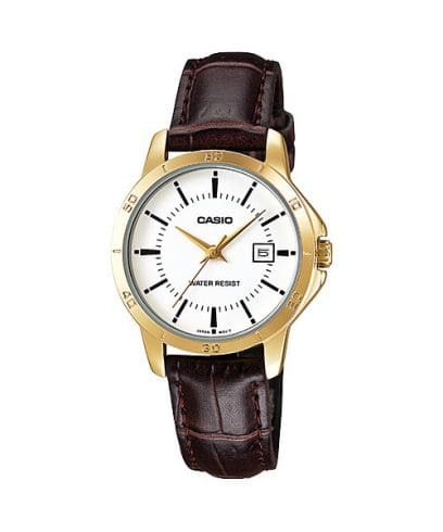 Casio Women's Watch Analog, White Dial Brown Leather Strap, LTP-V004GL-7AUD