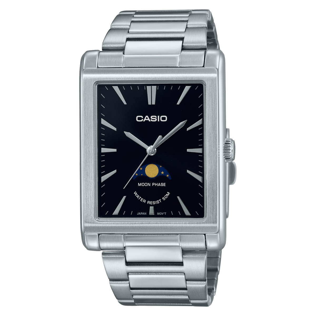 Casio Men's Watch, Moon Phase Executive Black Dial, Silver Stainless Steel Strap, MTP-M105D-1AVDF