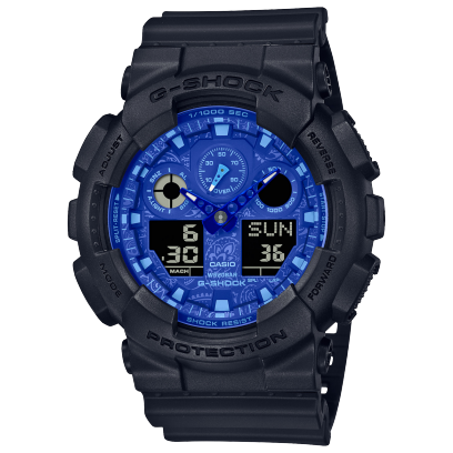 G-Shock Men's Watch Analog & Digital, Neo Blue Dial Black Resin Band, GA-100BP-1AD