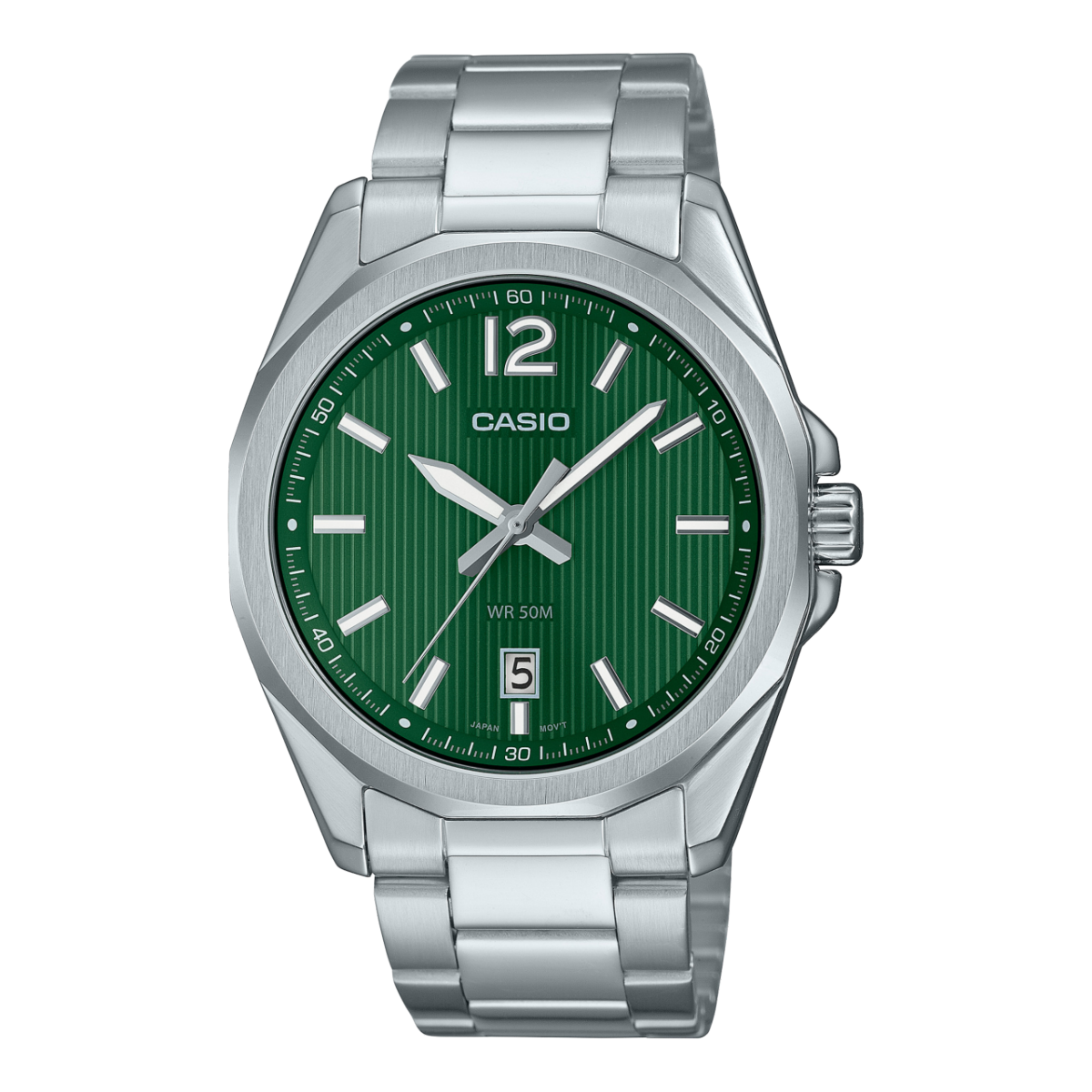 Casio Men's Watch Analog, Green Dial Silver Stainless Steel Strap, MTP-E725D-3AVDF