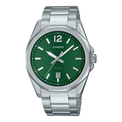 Casio Men's Watch Analog, Green Dial Silver Stainless Steel Strap, MTP-E725D-3AVDF