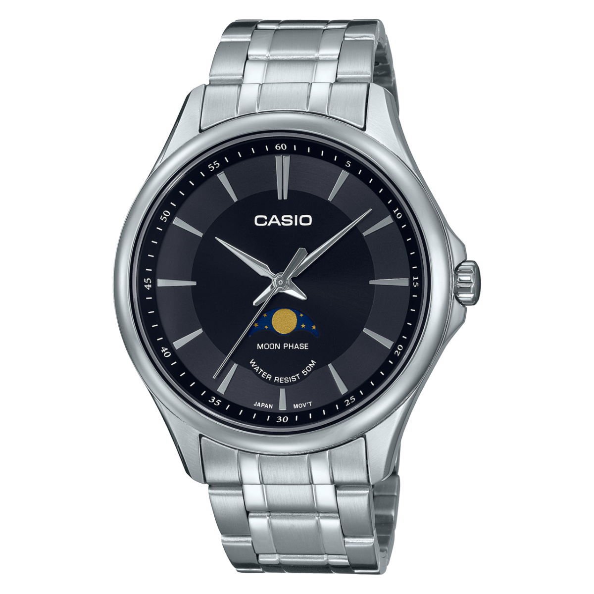 Casio Men's Watch Moonphase, Black Dial Silver Stainless Steel Strap, MTP-M100D-1AVDF