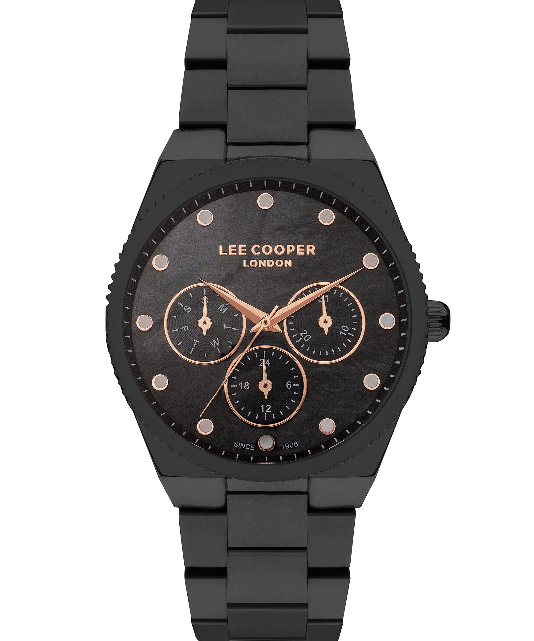 Lee Cooper  Women's Multi Function Black Mother of pearl Dial Black Metal Strap Watch, LC07452.650