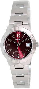 Casio Women's Watch Analog, Maroon Dial Silver Stainless Steel Strap, LTP-1241D-4A2DF