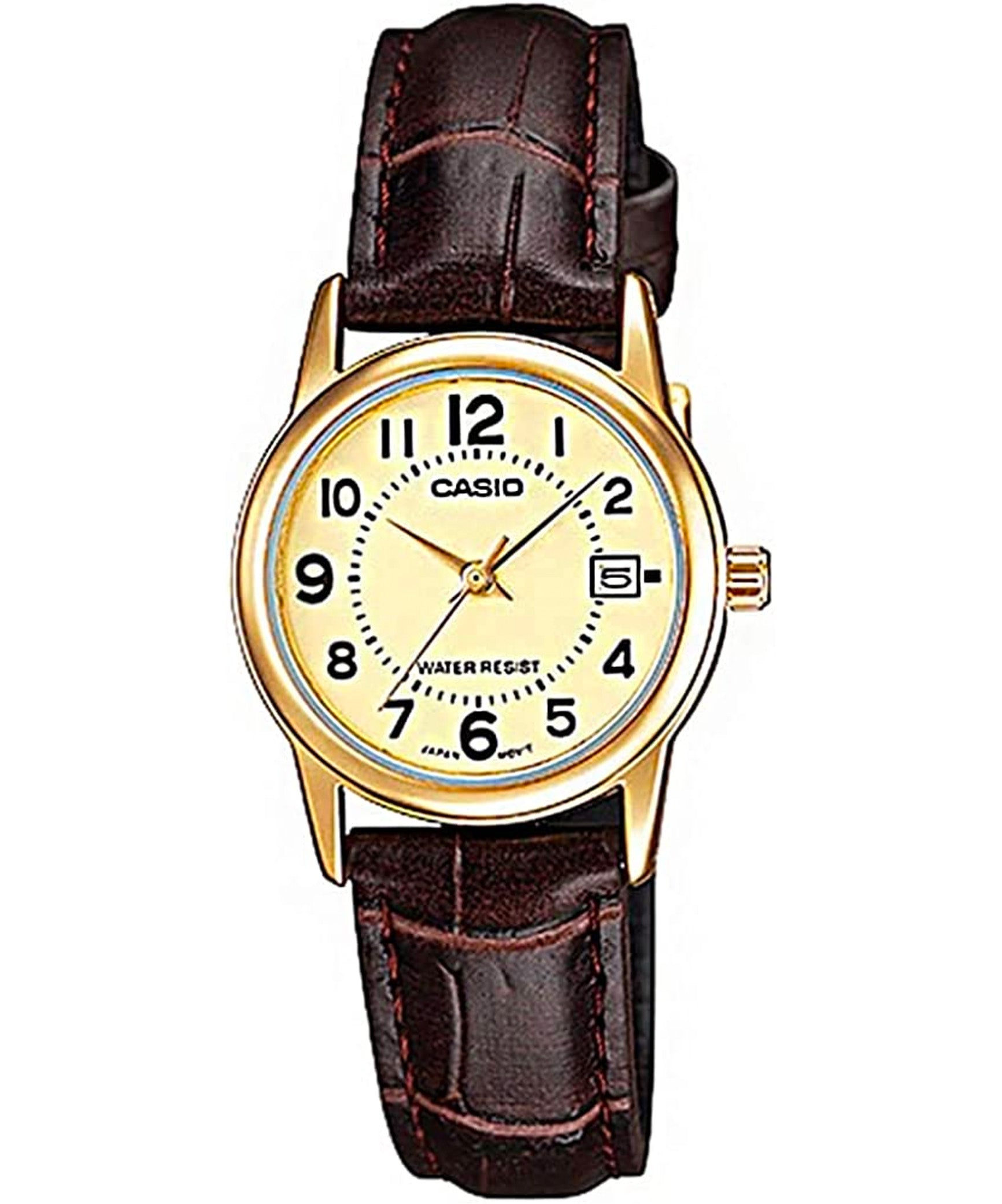 Casio Women's Watch Analog, Gold Dial Brown Leather Strap, LTP-V002GL-9BUD