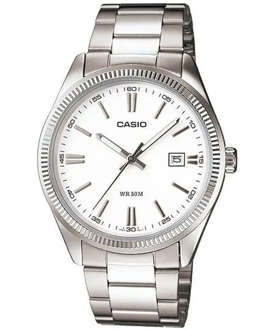 Casio men analog watch, white dial with comfortable strap, model CS-MTP-1302D-7A1VD, Bahrain