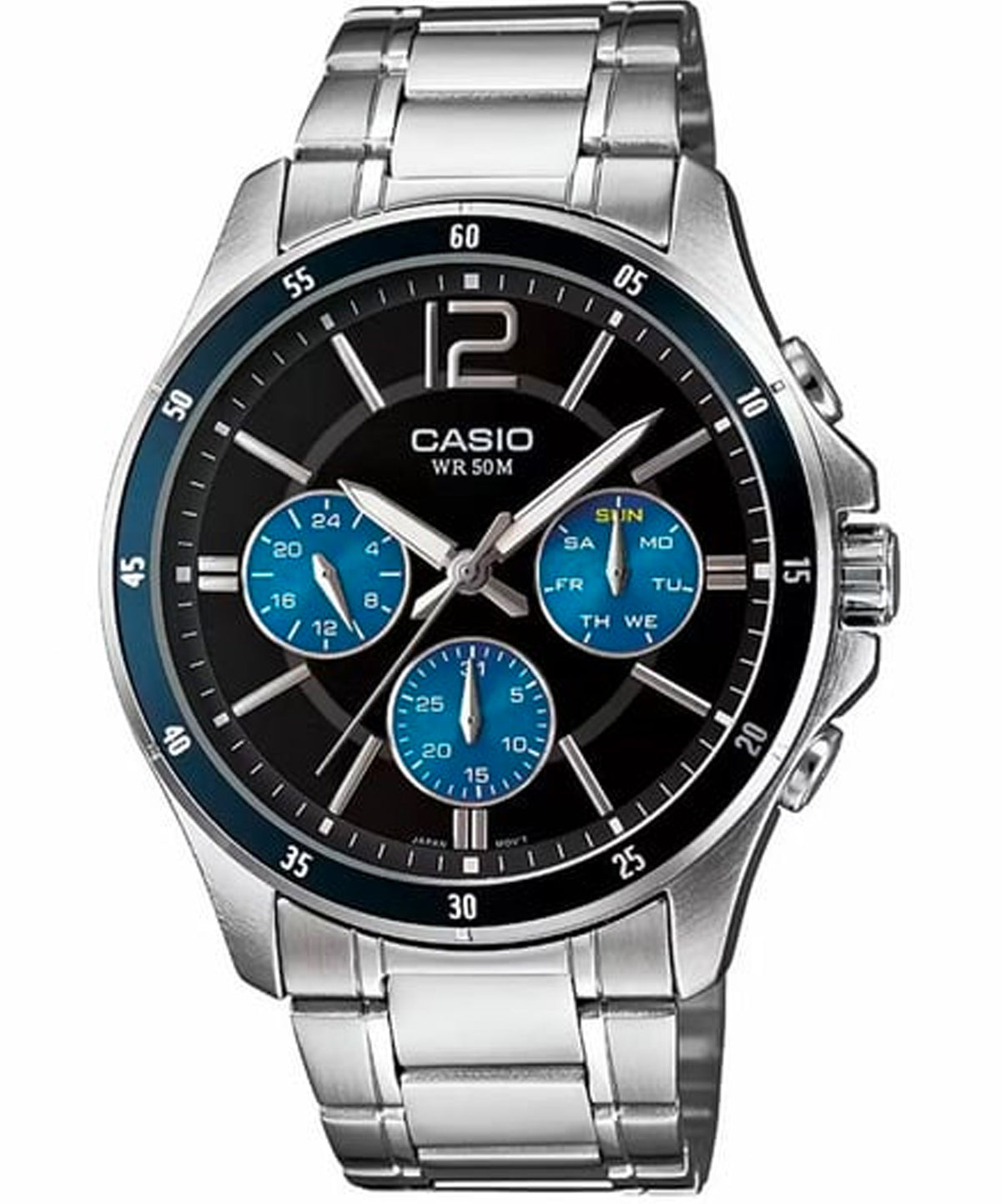 Casio Men's Watch Analog, Black & Blue Dial Silver Stainless Steel Strap, MTP-1374D-2AVDF