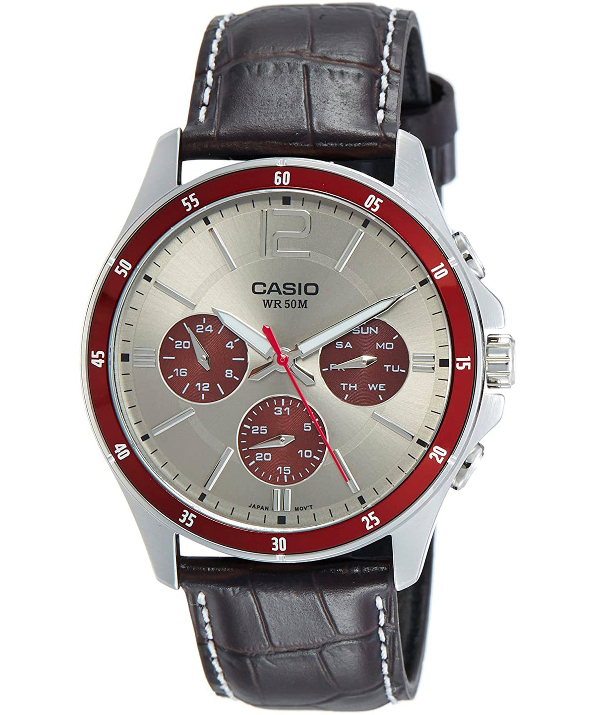 Casio Men's Watch Analog, Silver & Maroon Dial Black Leather Strap, MTP-1374L-7A1VD