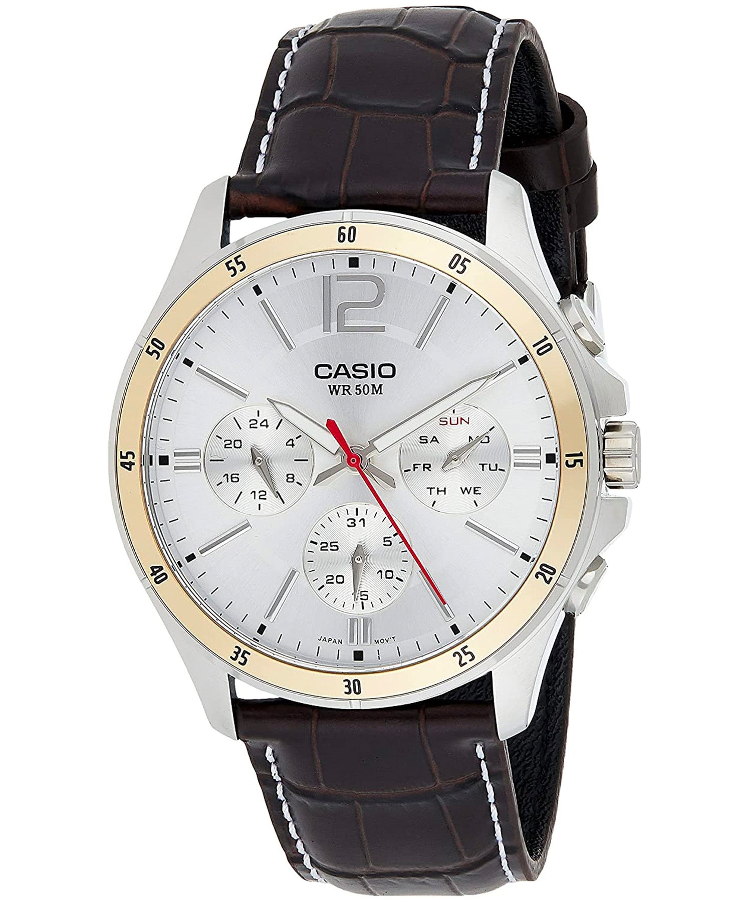 Casio Men's Watch Analog, Silver Dial Black Leather Strap, MTP-1374L-7AVD