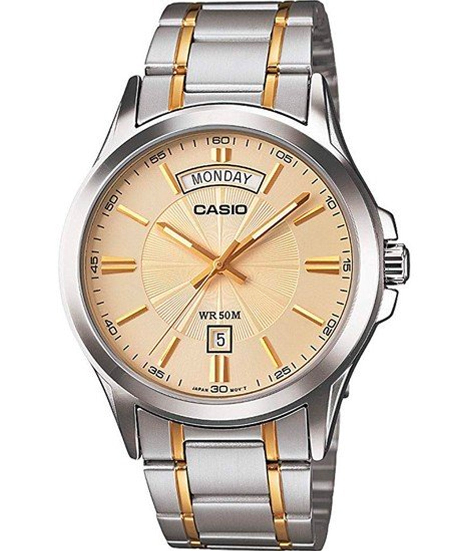 Casio Men's Watch Analog, Champagne Dial Silver & Gold Stainless Steel Strap, MTP-1381G-9AVDF