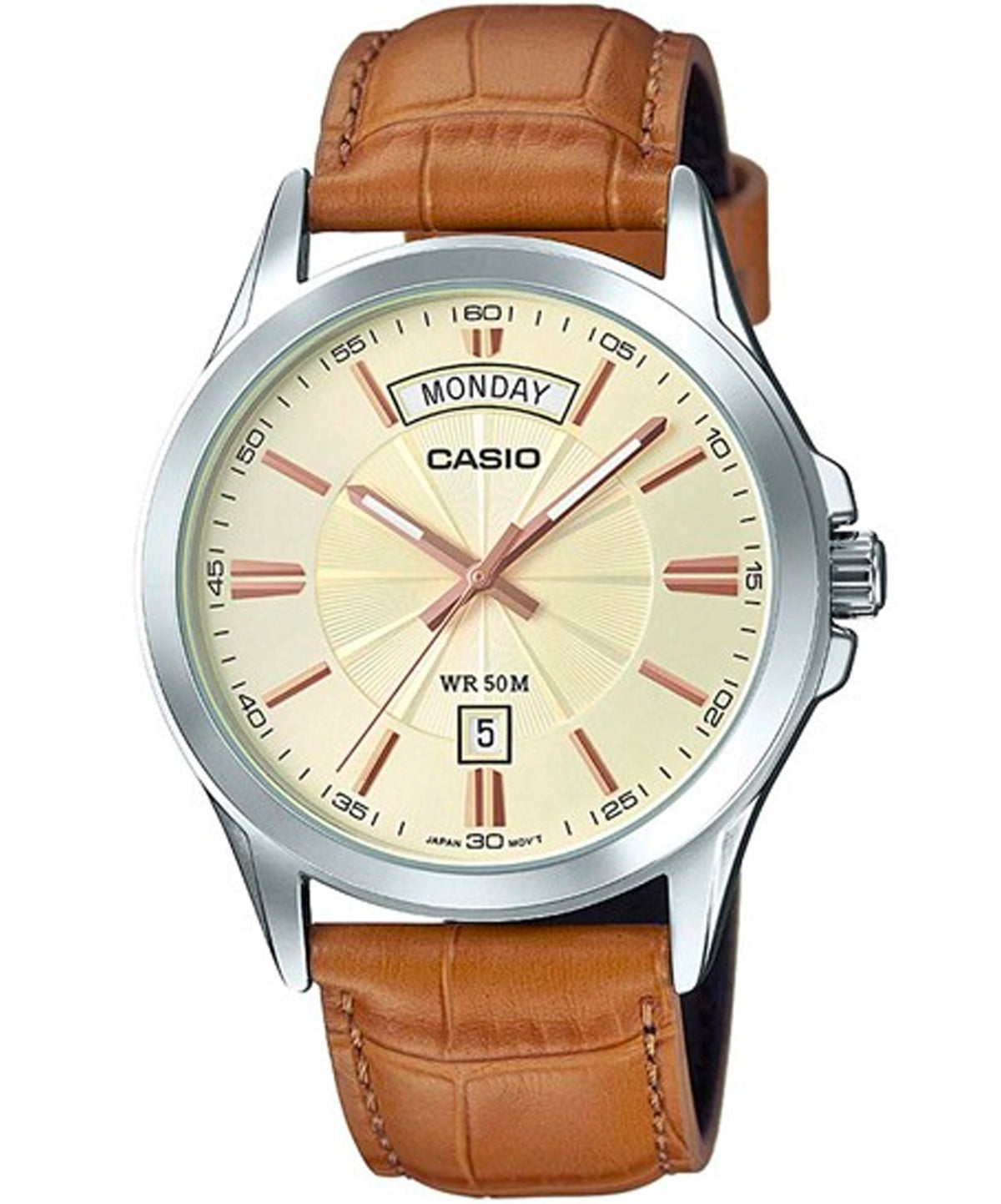 Casio Men's Watch Analog, Gold Dial Brown Leather Strap, MTP-1381L-9AVDF