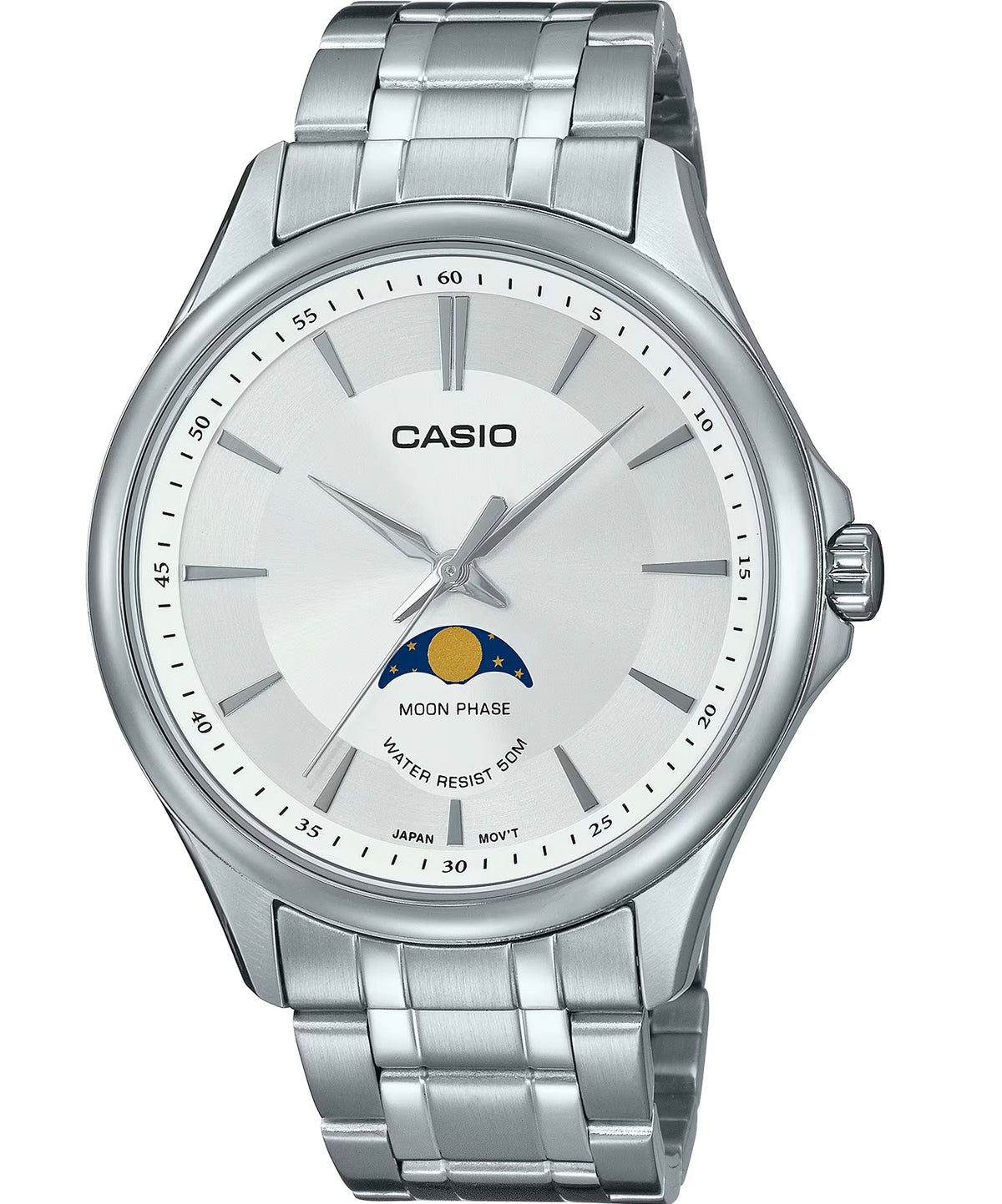 Casio Men's  Watch, Moon Phase Executive White Dial, Silver Stainless Steel Strap, MTP-M100D-7AVDF