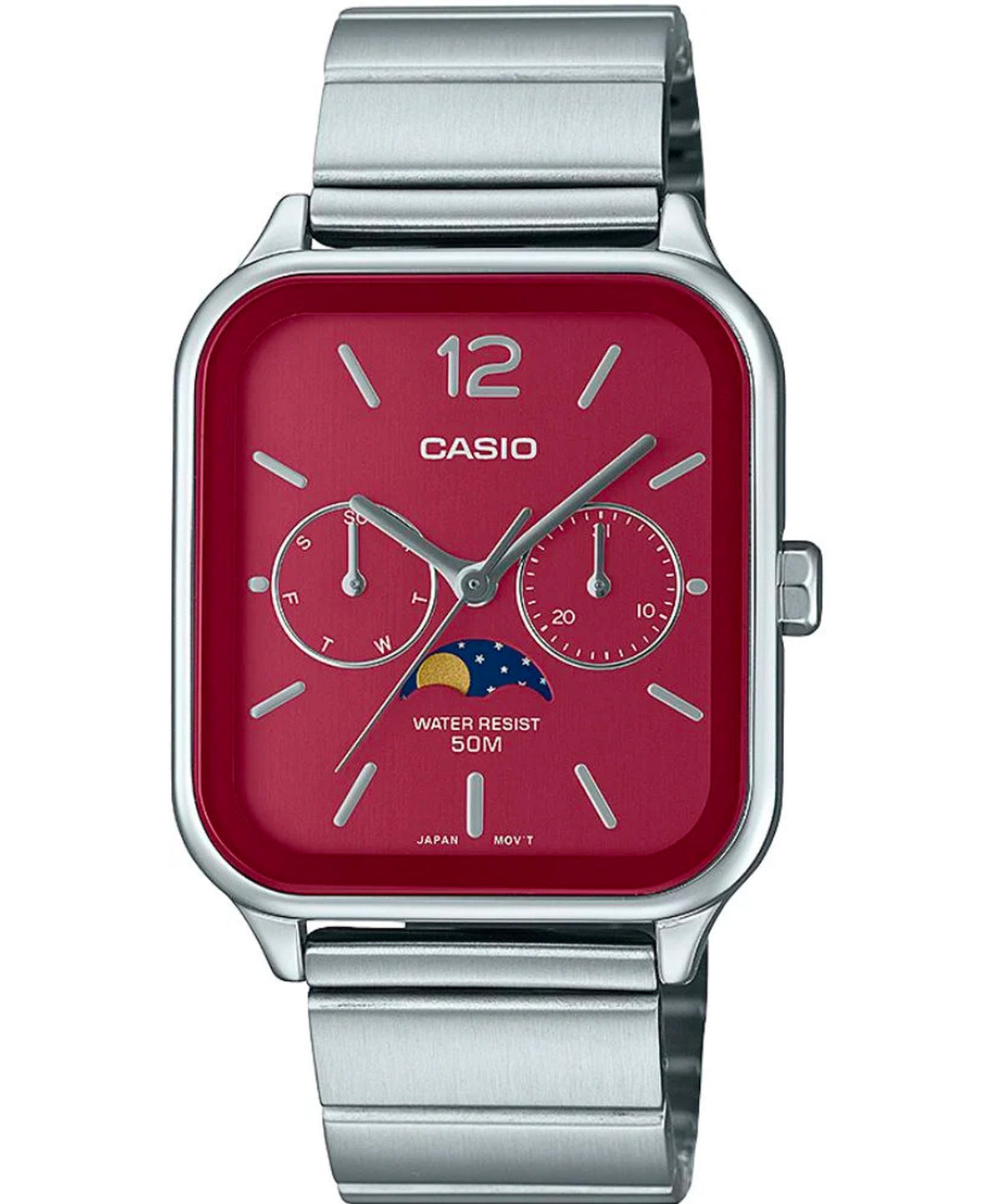 Casio Men's Watch,  Red Multi-Dial Moon phase, Stainless Steel Strap, MTP-M305D-4AVDF