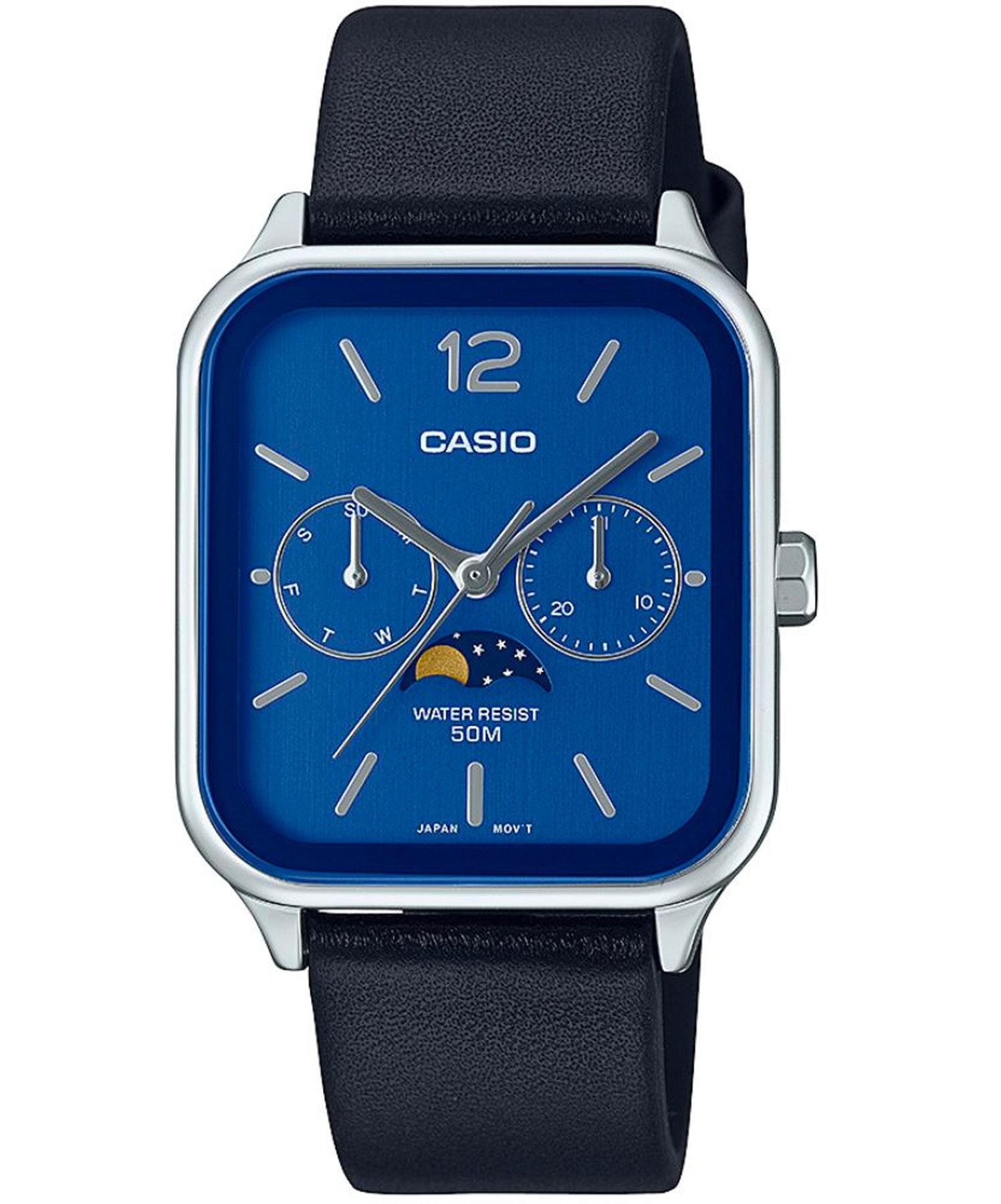 Casio Men's Watch,  Blue Multi-Dial Moon phase, Black Leather Strap, MTP-M305L-2AVDF