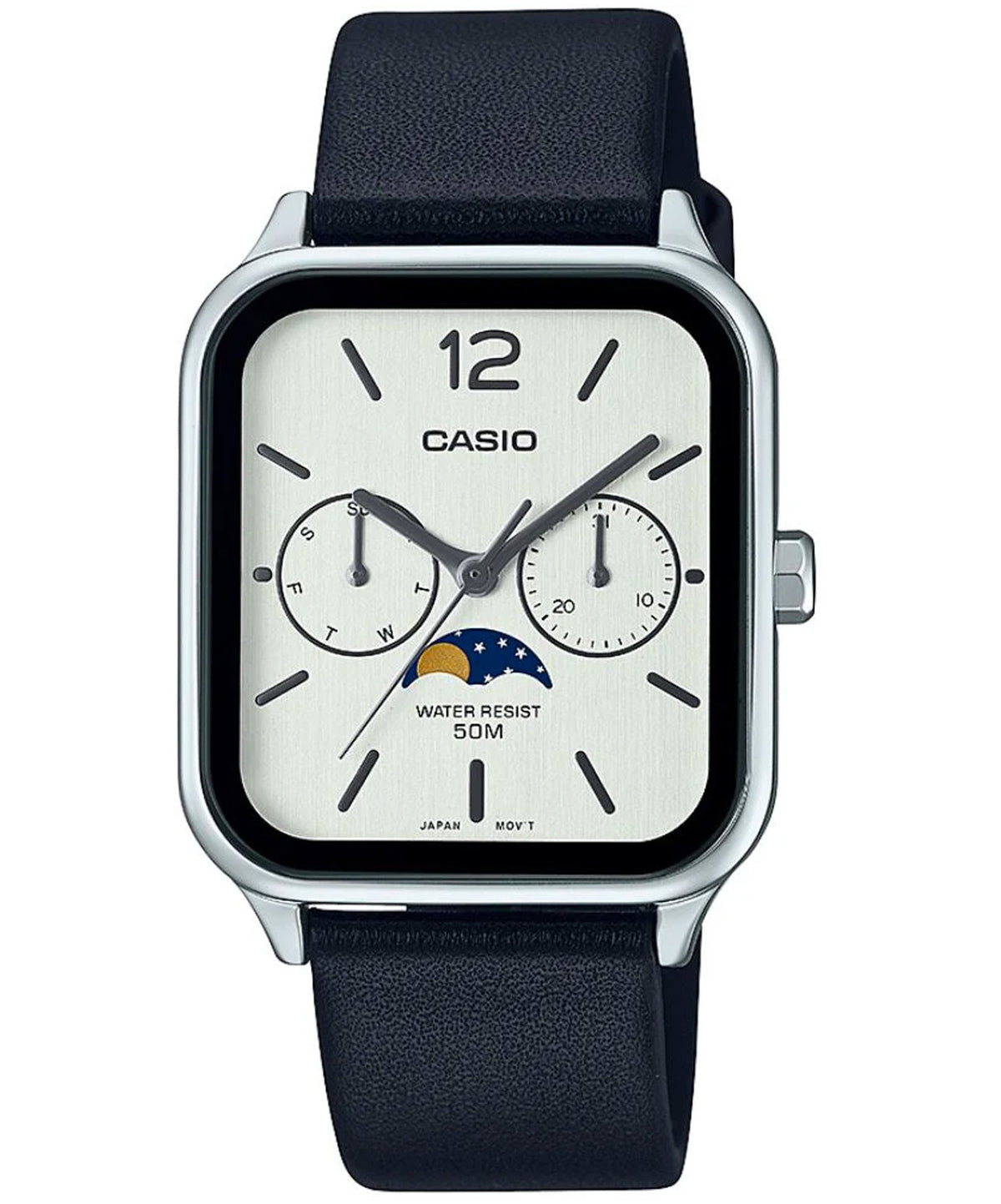 Casio Men's Watch, White Multi-Dial Moon phase, Black Leather Strap, MTP-M305L-7AVDF