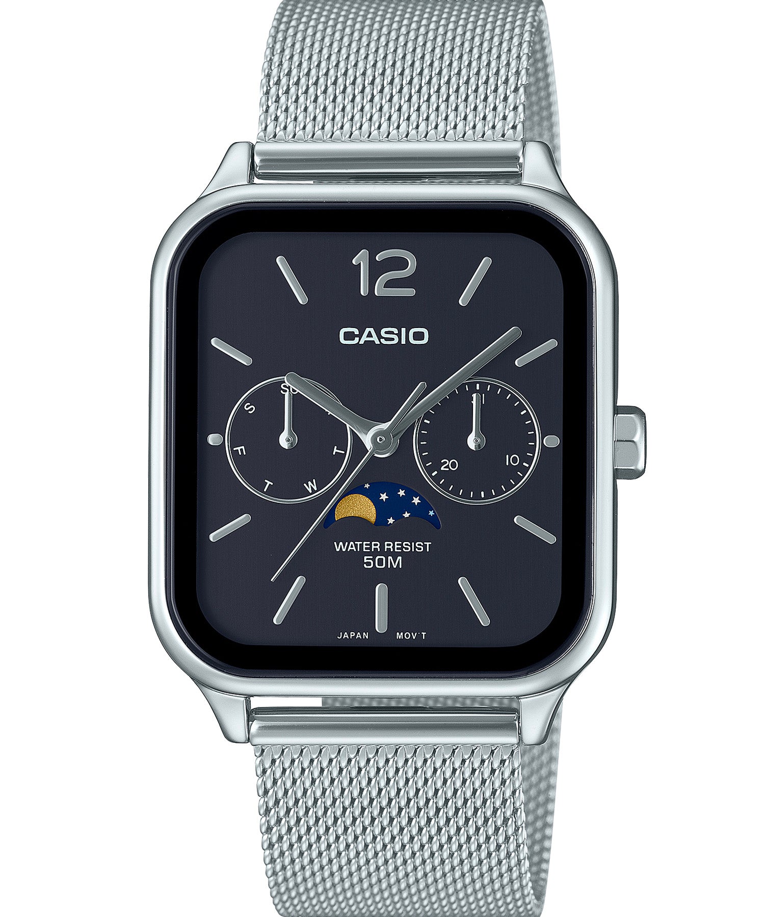 Casio Men's Watch, Black Multi-Dial Moon phase, Stainless Steel Mesh Strap, MTP-M305M-1AVDF