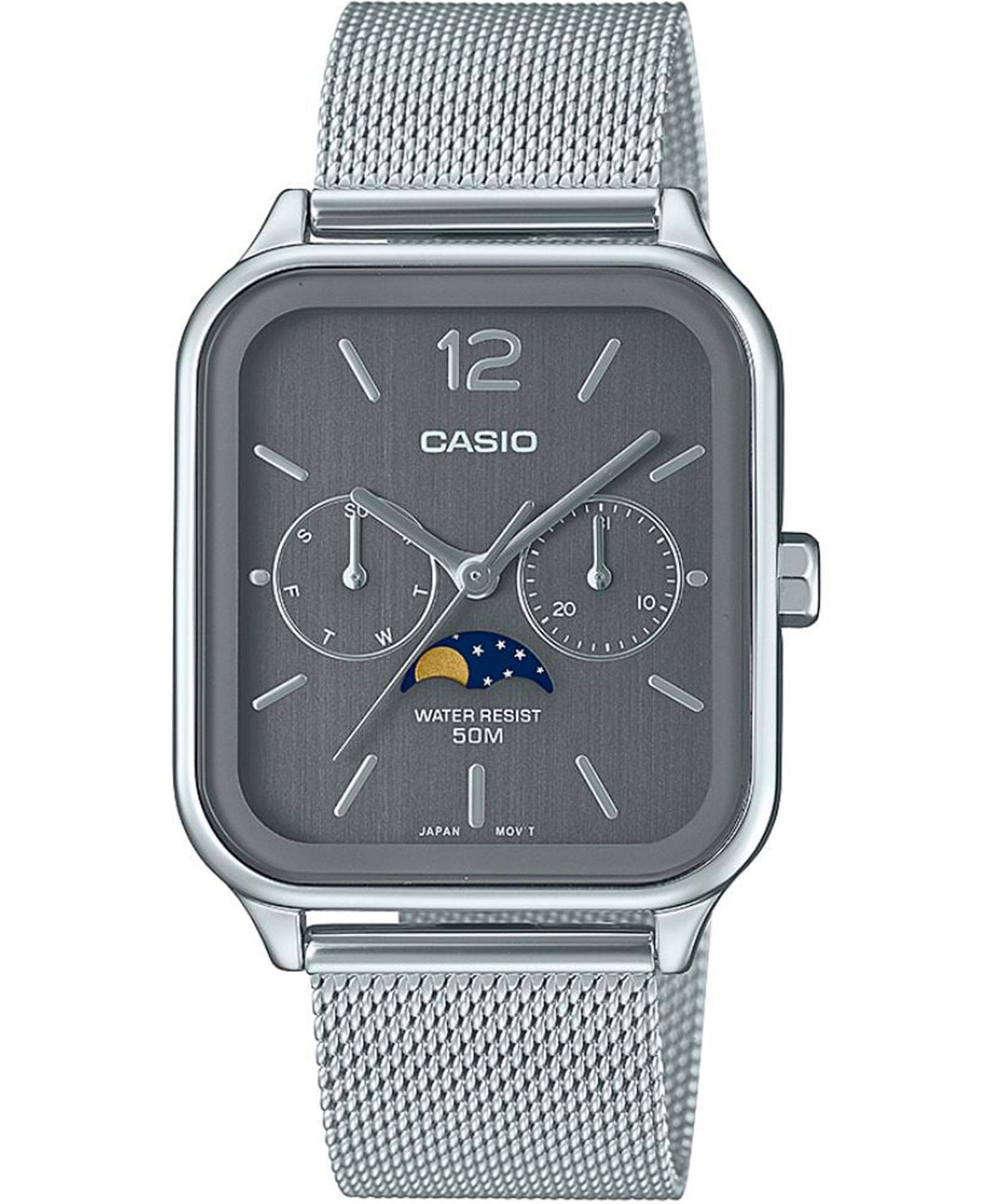 Casio Men's Watch, Grey Multi-Dial Moon phase, Stainless Steel Mesh Strap, MTP-M305M-8AVDF