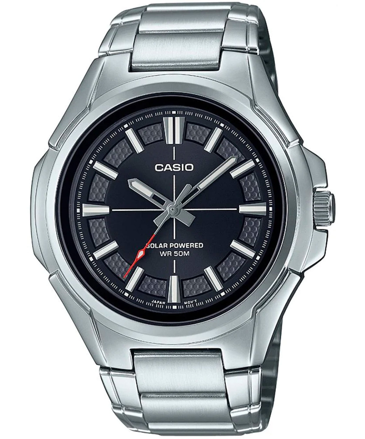 Casio Men's Watch, Solar powered Analog , Black Dial Silver Stainless Steel Strap, MTP-RS100D-1AVDF