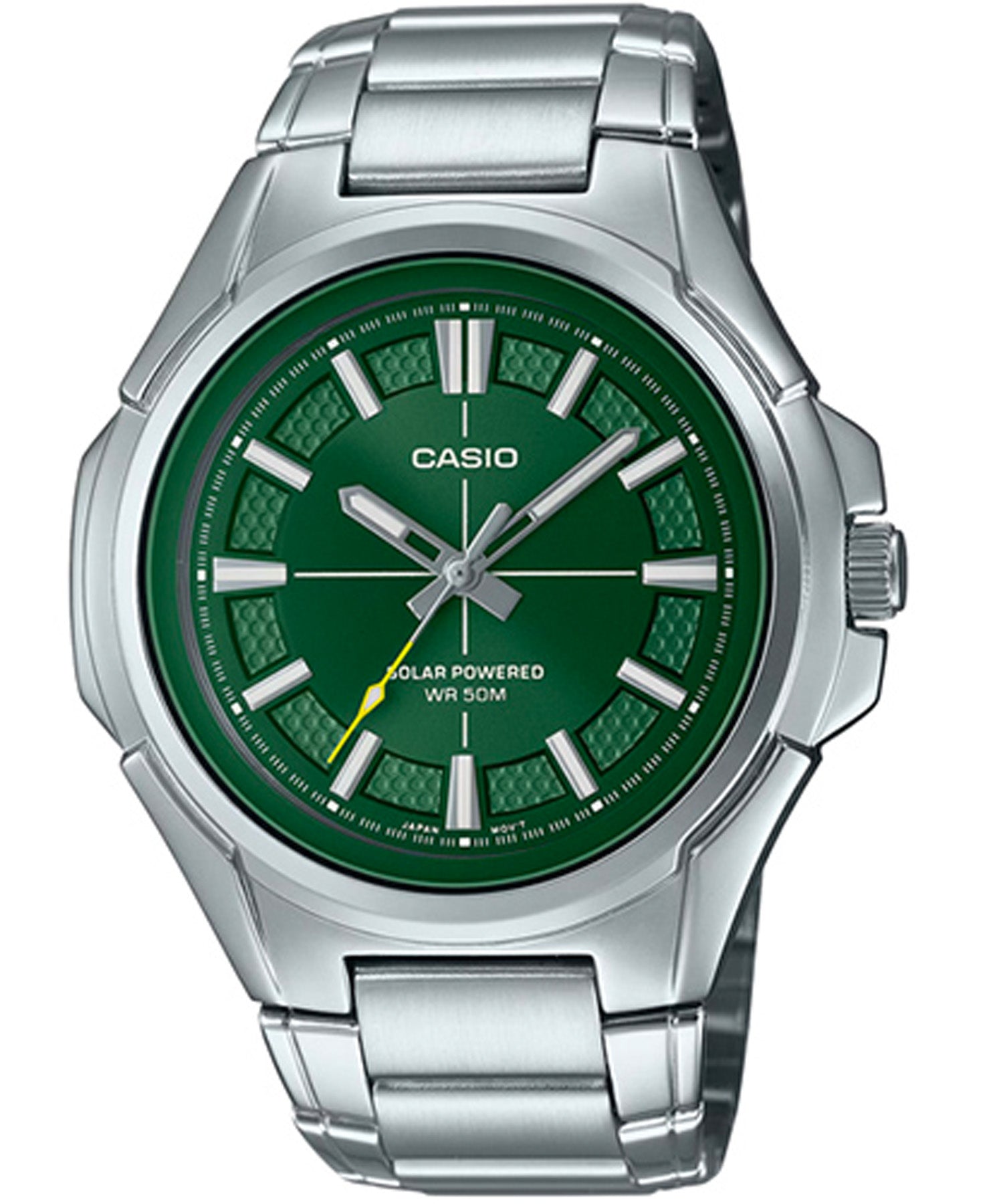 Casio Men's Watch,  Solar powered Analog , Green Dial Silver Stainless Steel Strap, MTP-RS100D-3AVDF