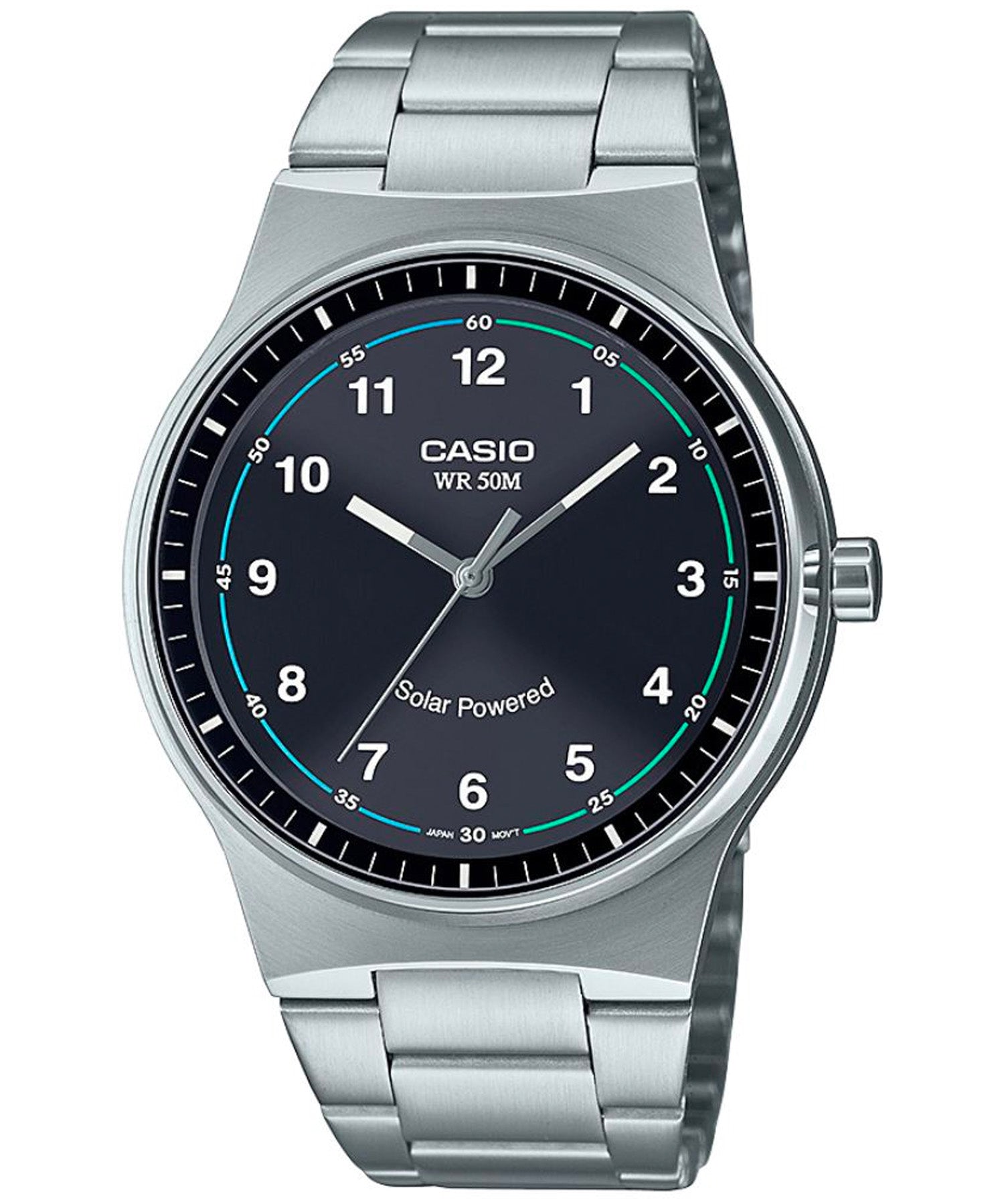 Casio Men's Watch, Solar powered Analog , Black Dial Silver Stainless Steel Strap, MTP-RS105D-1BVDF