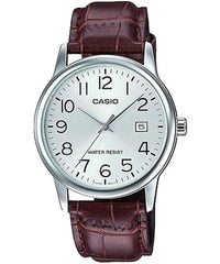 Casio Men's Watch Analog, Silver Dial Brown Leather Strap, MTP-V002L-7B2UD