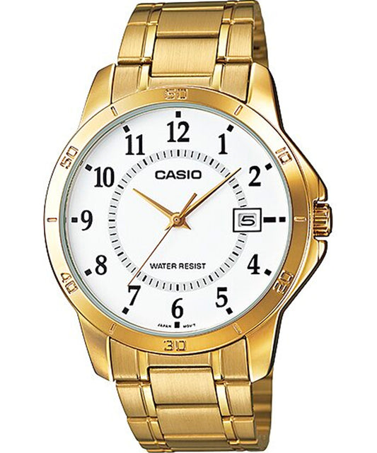 Casio men analog watch, white dial with comfortable strap, model CS-MTP-V004G-7BUDF, Bahrain