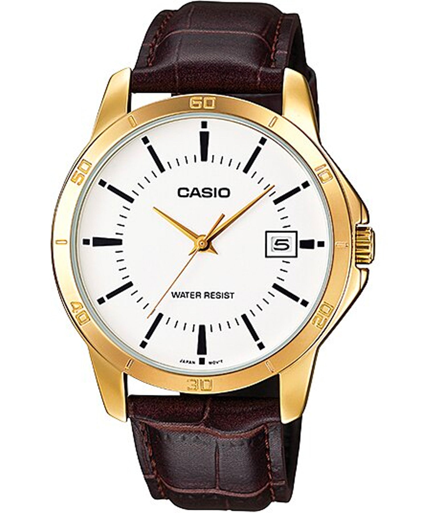 Casio Men's Watch Analog, White Dial Brown Leather Strap, MTP-V004GL-7AUD