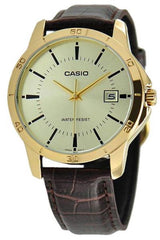 Casio Men's Watch Analog, Champagne Dial Brown Leather Strap, MTP-V004GL-9AUDF