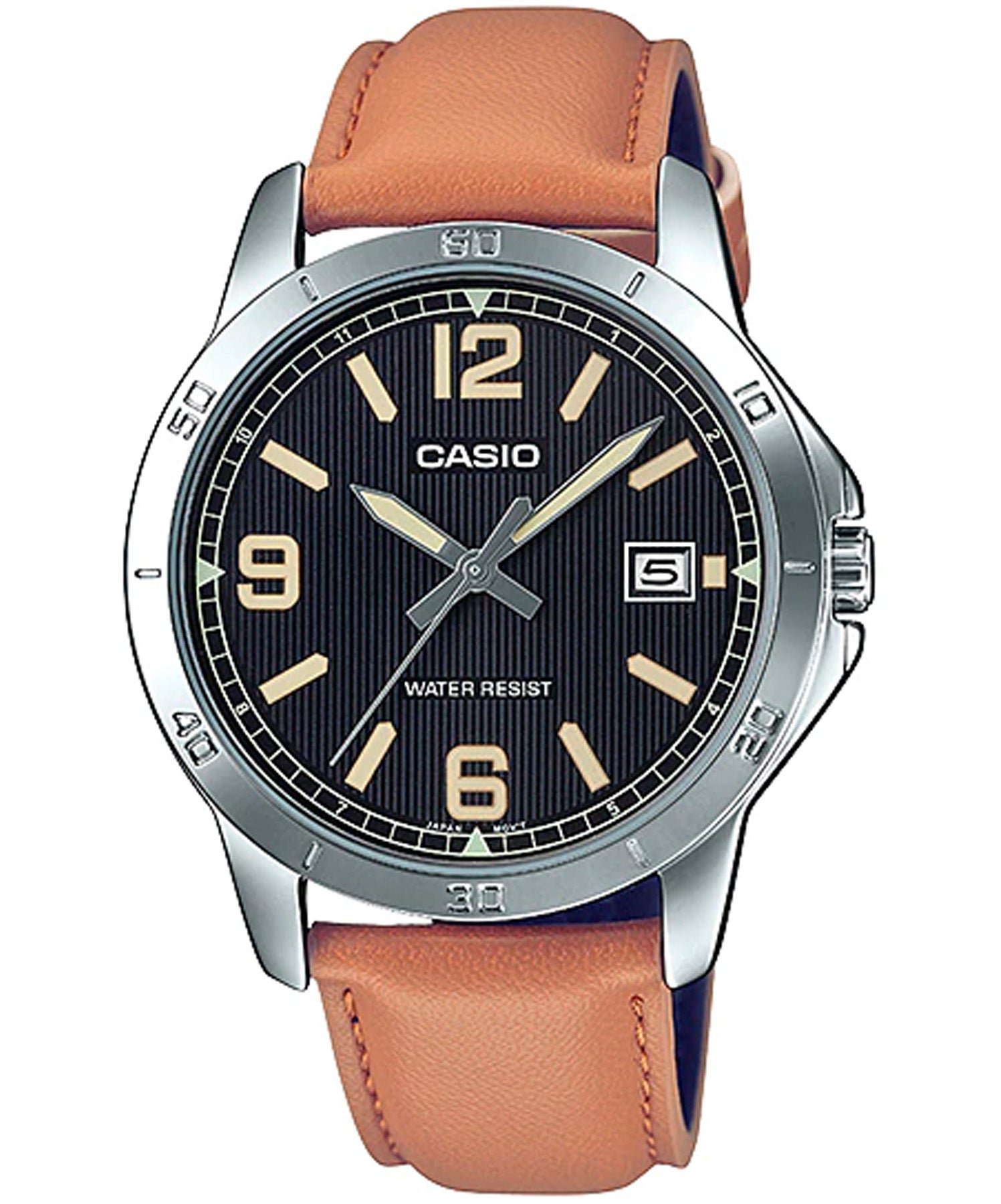 Casio Men's Watch Analog, Black Dial Brown Leather Strap, MTP-V004L-1B2UD