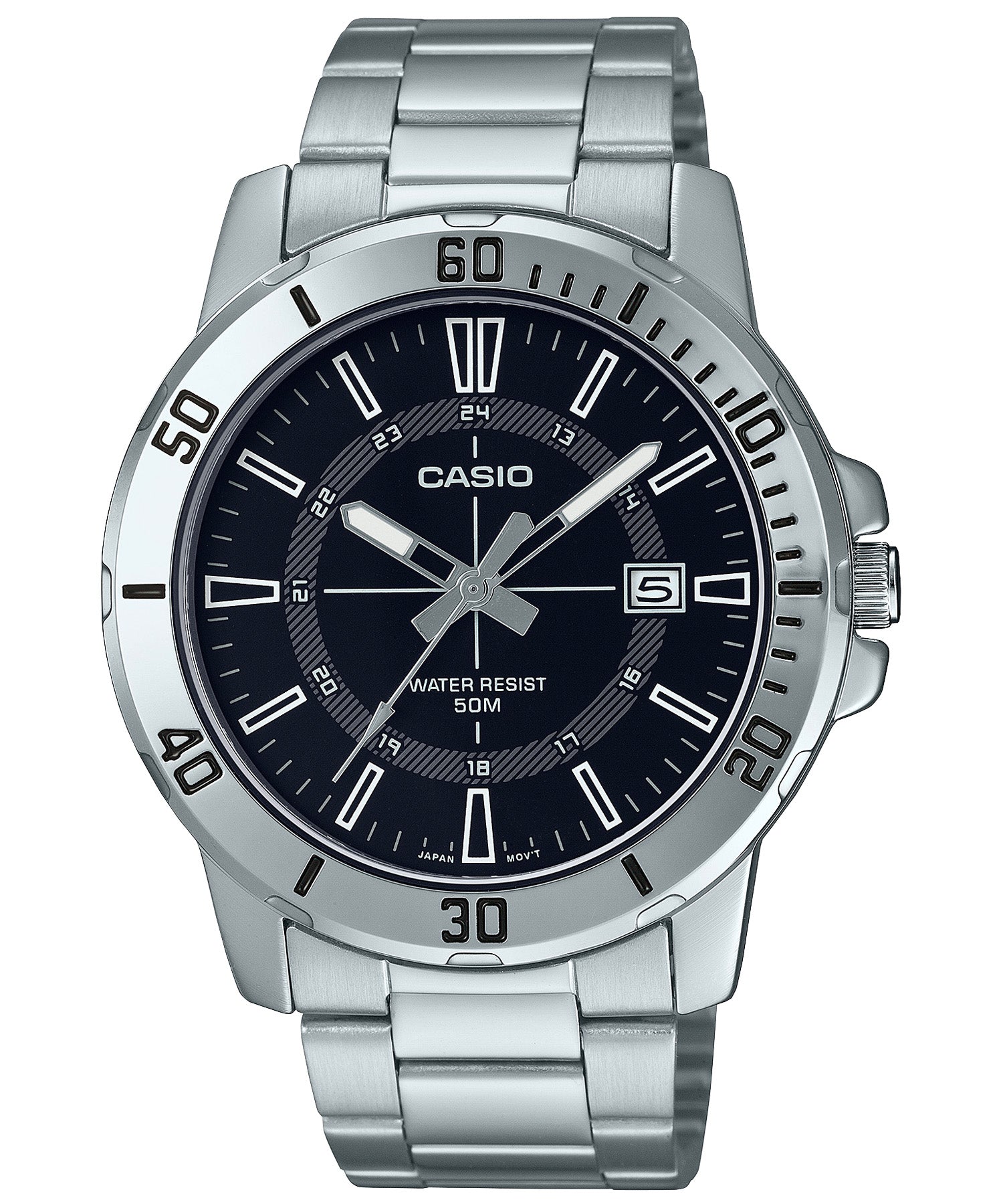 Casio Men's Watch, Black Dial Silver Stainless Steel Strap, MTP-VD01D-1CVUDF