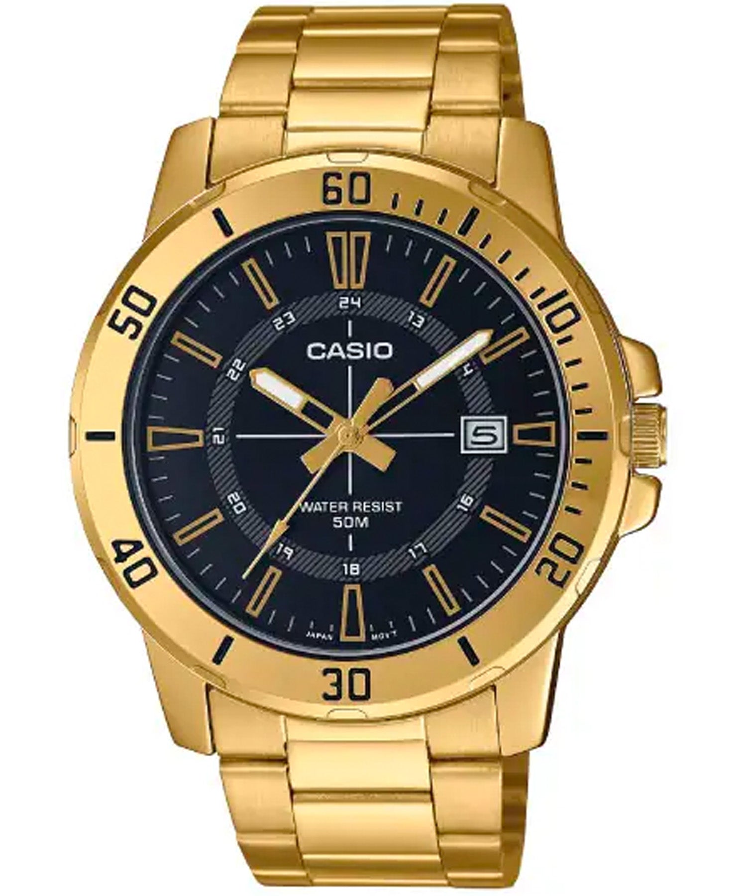 Casio Men's Watch, Black Dial Gold Stainless Steel Strap, MTP-VD01G-1CVUDF