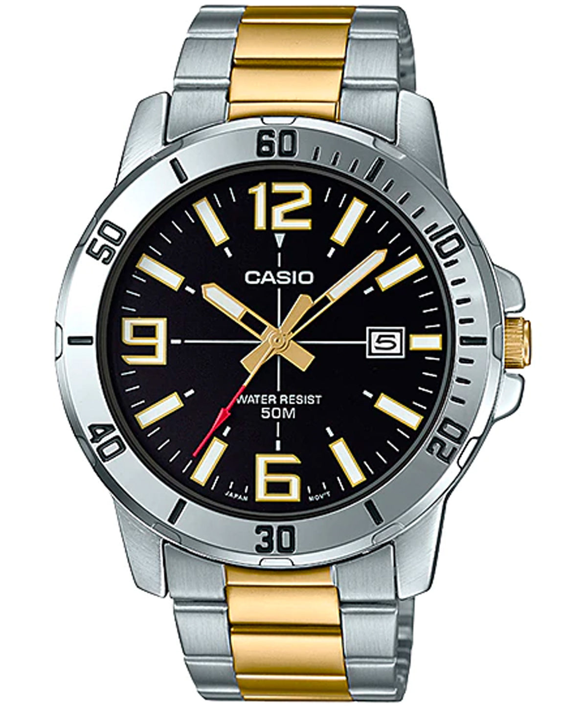 Casio Men's Watch, Black Dial Two Toned Stainless Steel Strap, MTP-VD01SG-1BVU