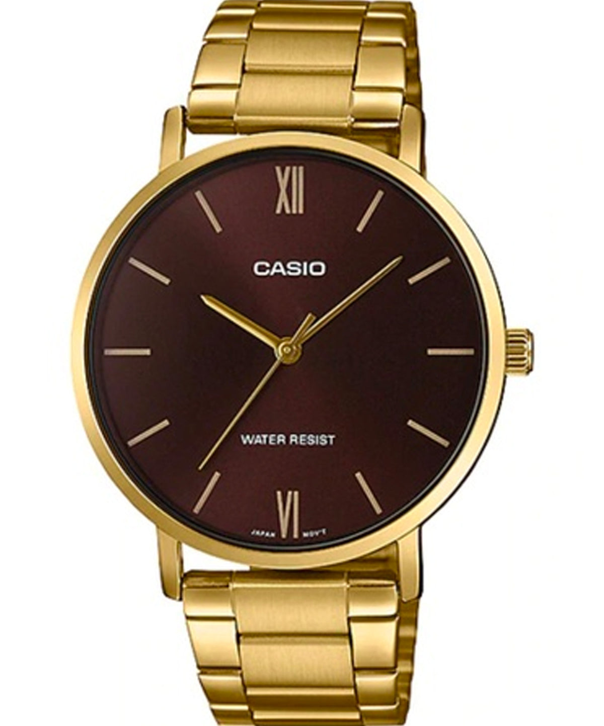 Casio Men's Watch Analog, Maroon Dial Gold Stainless Steel Strap, MTP-VT01G-5BUDF