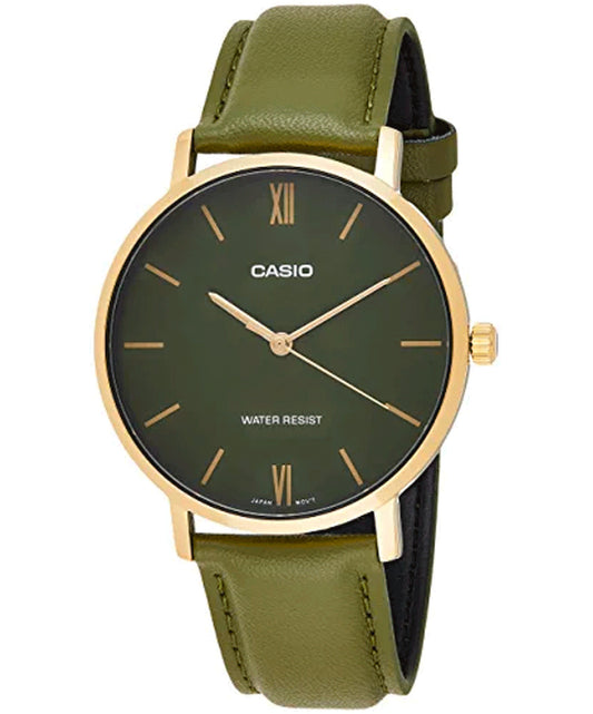 Casio men analog watch, green dial with comfortable strap, model CS-MTP-VT01GL-3BUD, Bahrain
