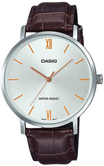 Casio Men's Watch Analog, Silver Dial Brown Leather Strap, MTP-VT01L-7B2UD