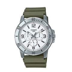 Casio Men's Watch, White Dial Green Resin Strap, MTP-VD300-3BUDF